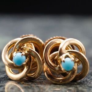 c.1900 14k Gold Victorian Stud Earrings “Persian Turquoise” Eternity Knots